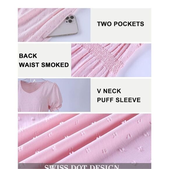 NEW White V Neck Short Sleeve Swiss Dot Mini Dress Pockets M - Picture 6 of 7